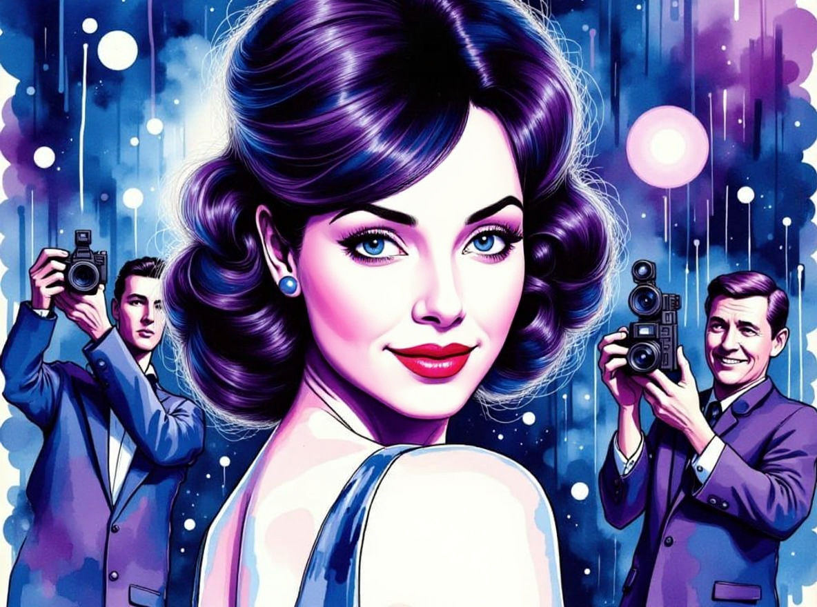 1960s Movie Star Posed for Paparazzi in Wet Ink Sketch