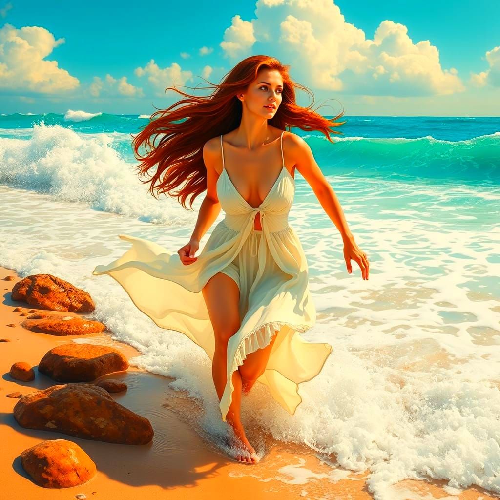 Ethereal Beach Goddess in Art Nouveau Style