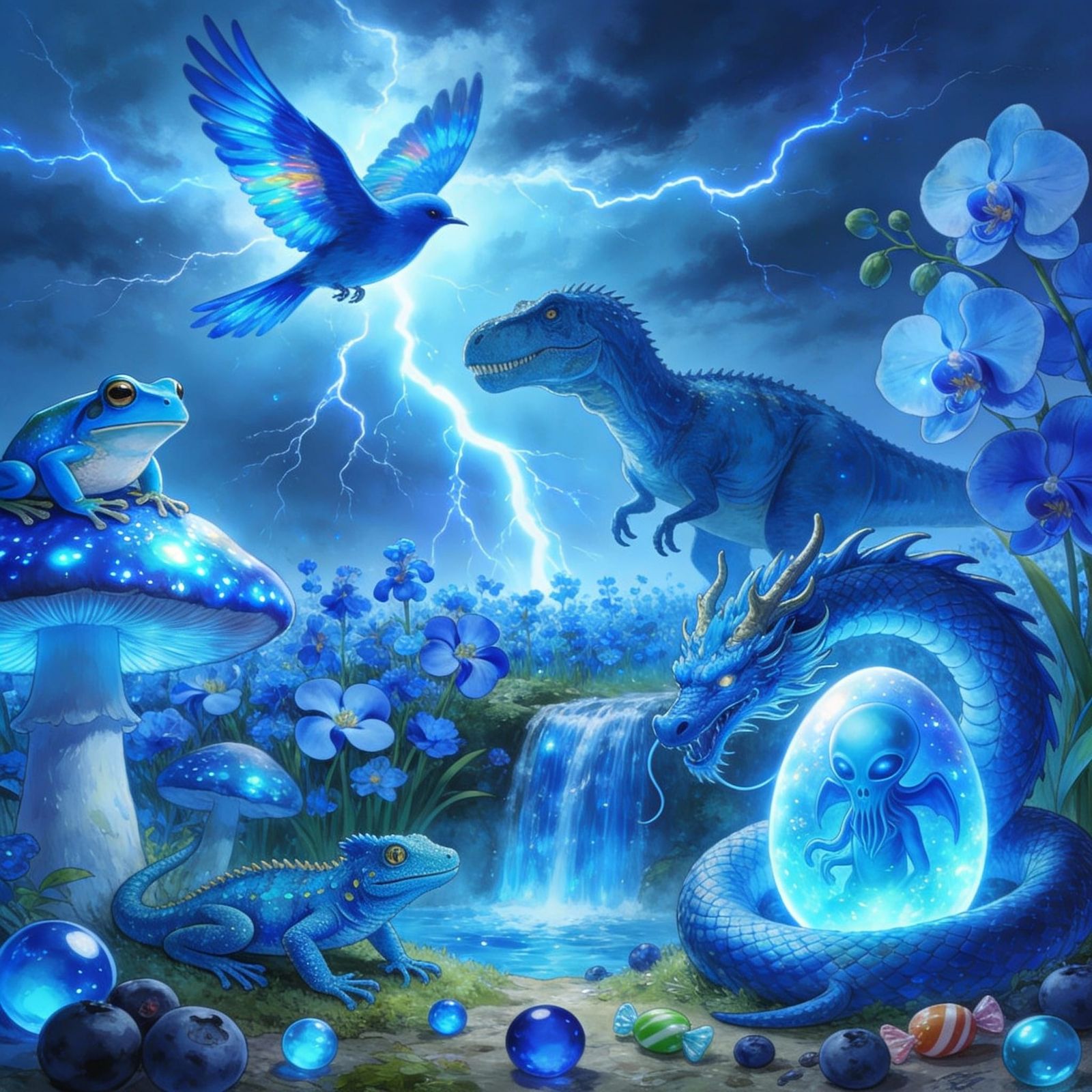 Surreal Blue Landscape with Mythical Creatures