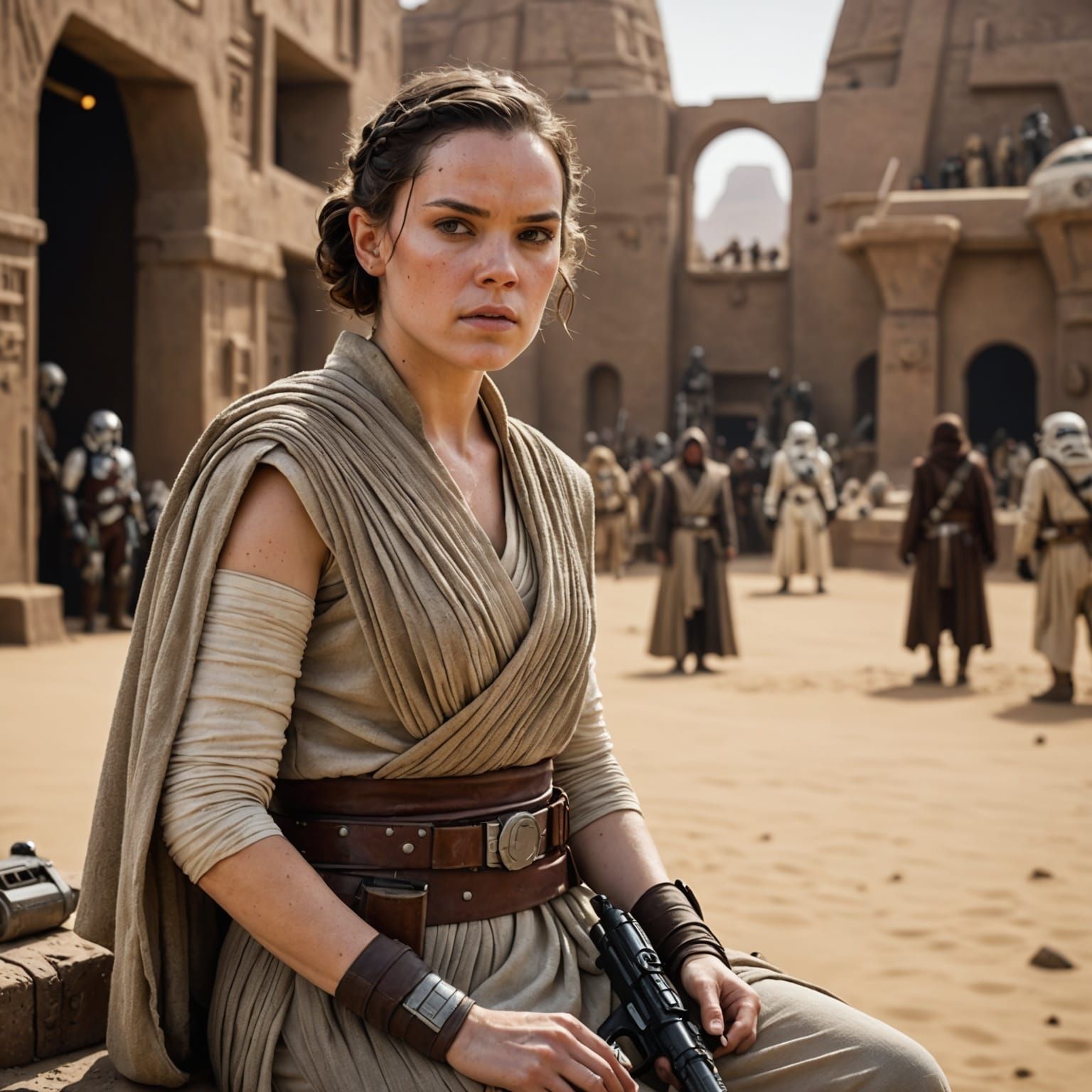 Rey Skywalker on Tatooine in Cinematic Style