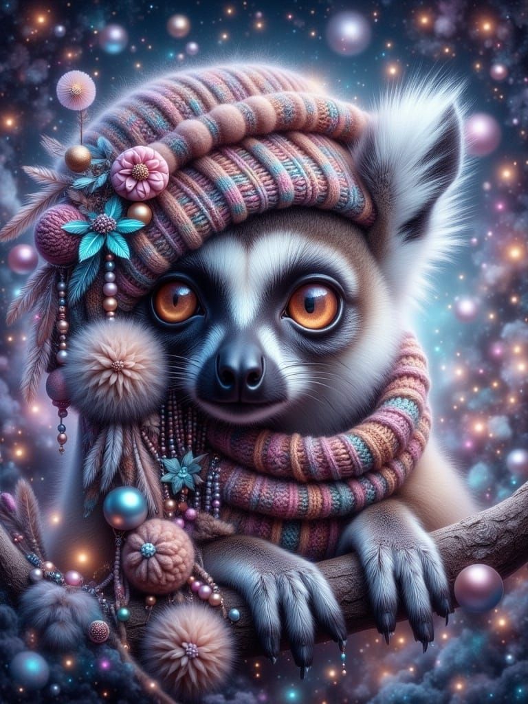 Whimsical Lemur Wears Festive Hat in Dreamy Christmas Scene