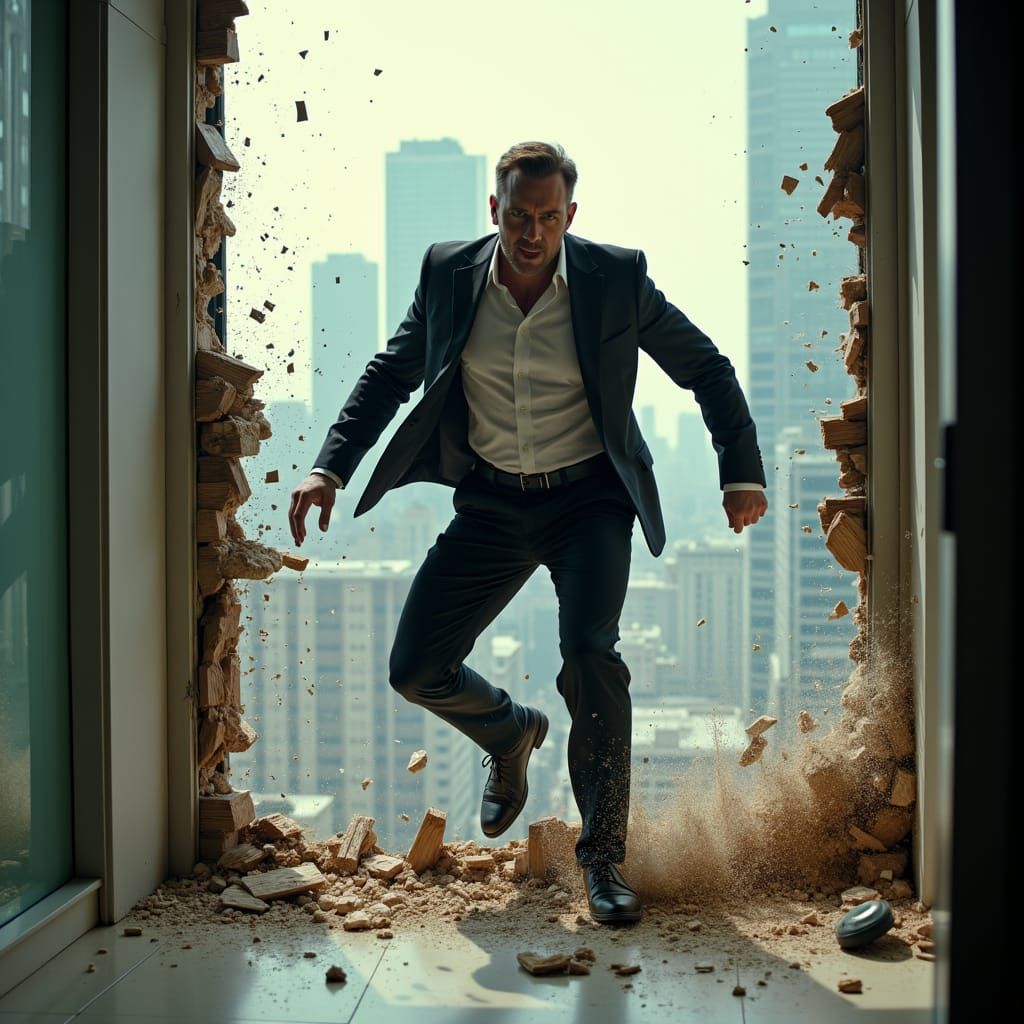 Man Explodes Through Office Window in Cinematic Still
