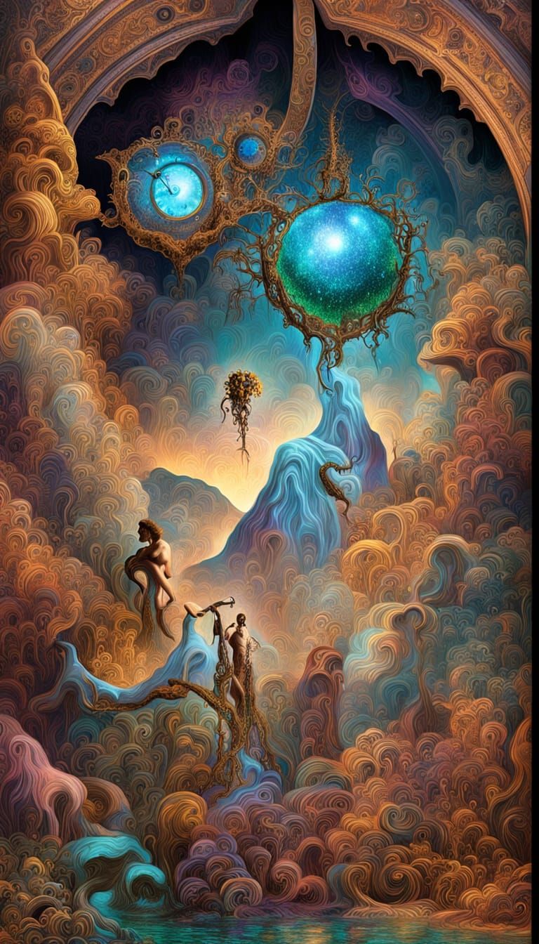 Surreal Cosmic Landscape with Dreamlike Figures