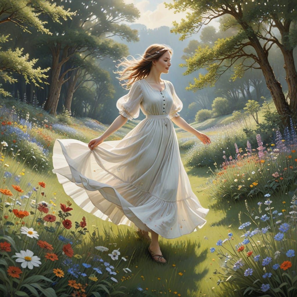 Whimsical Woman Dancing in a Lush Meadow