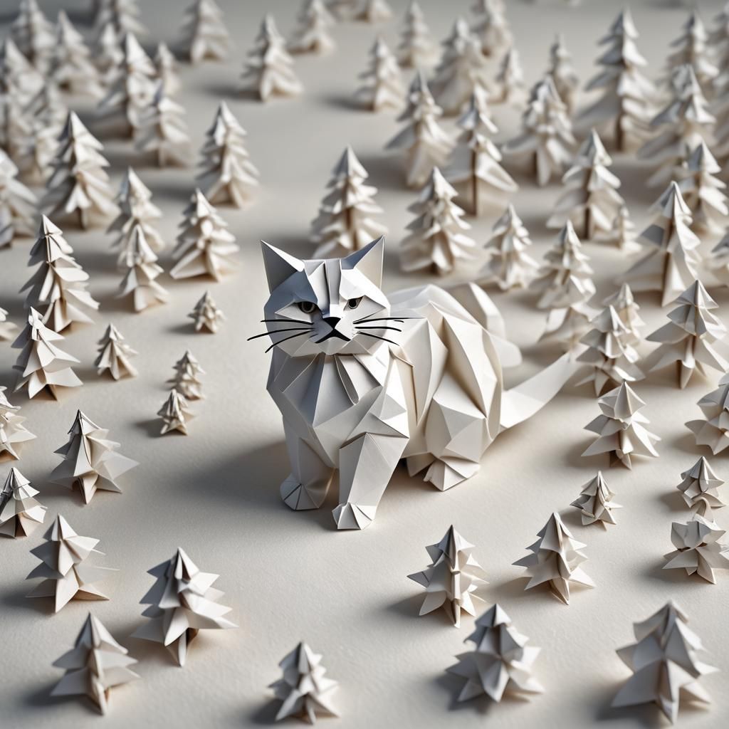 Origami Snow Cat Papercraft in 8K Resolution