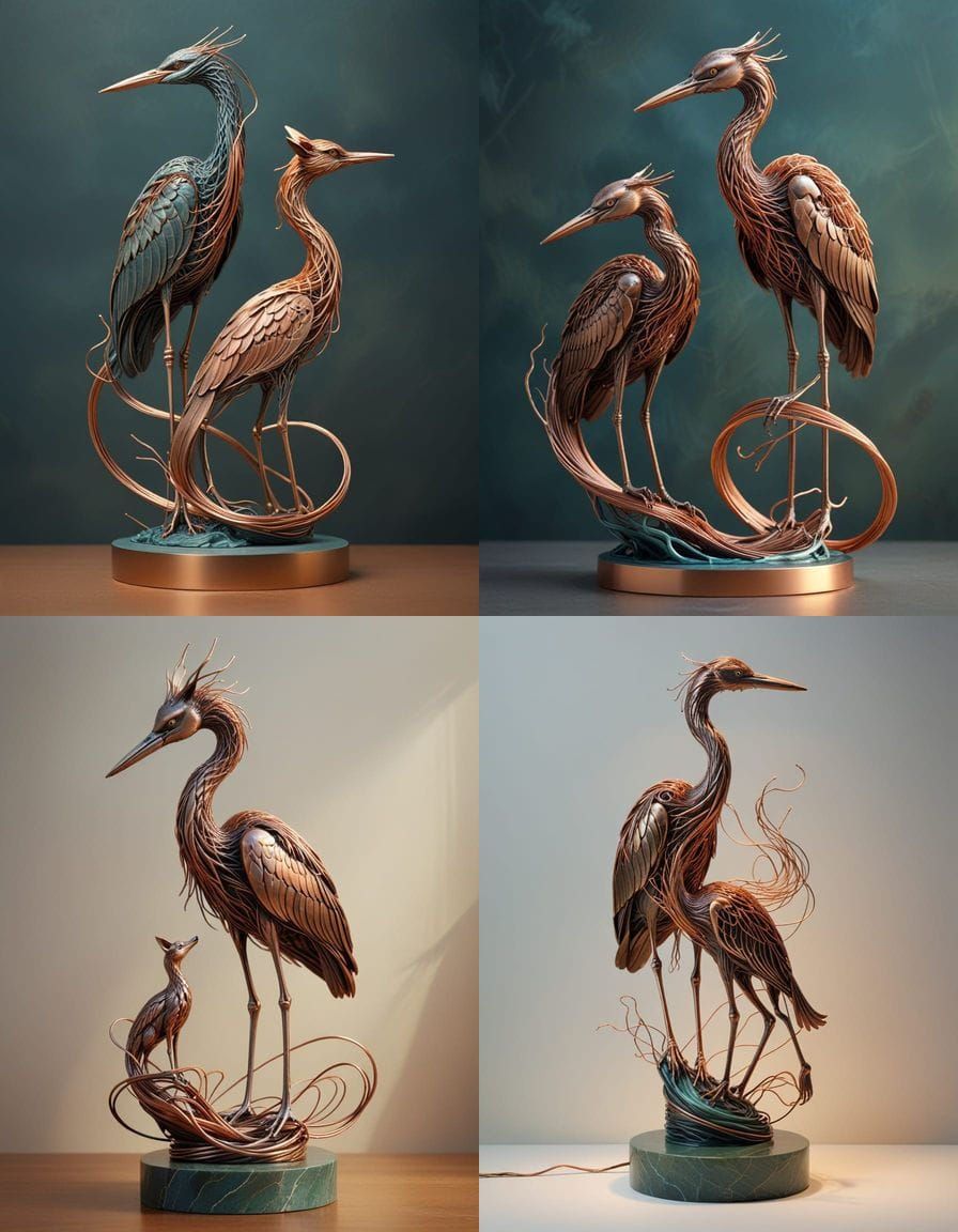 Elegant Bronze Wire Sculpture of Heron and Fox