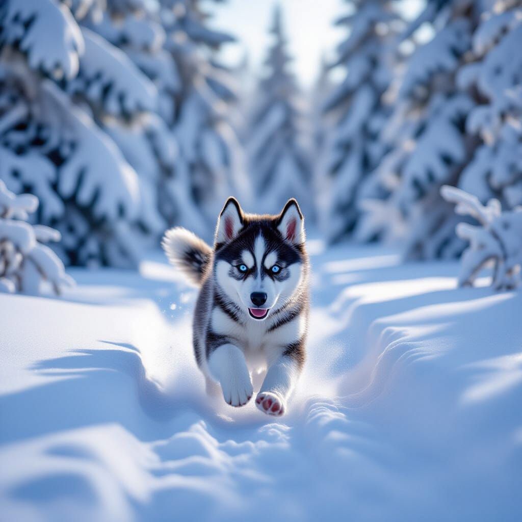 Husky Puppy Frolics in Winter Forest: Hyperrealistic Image
