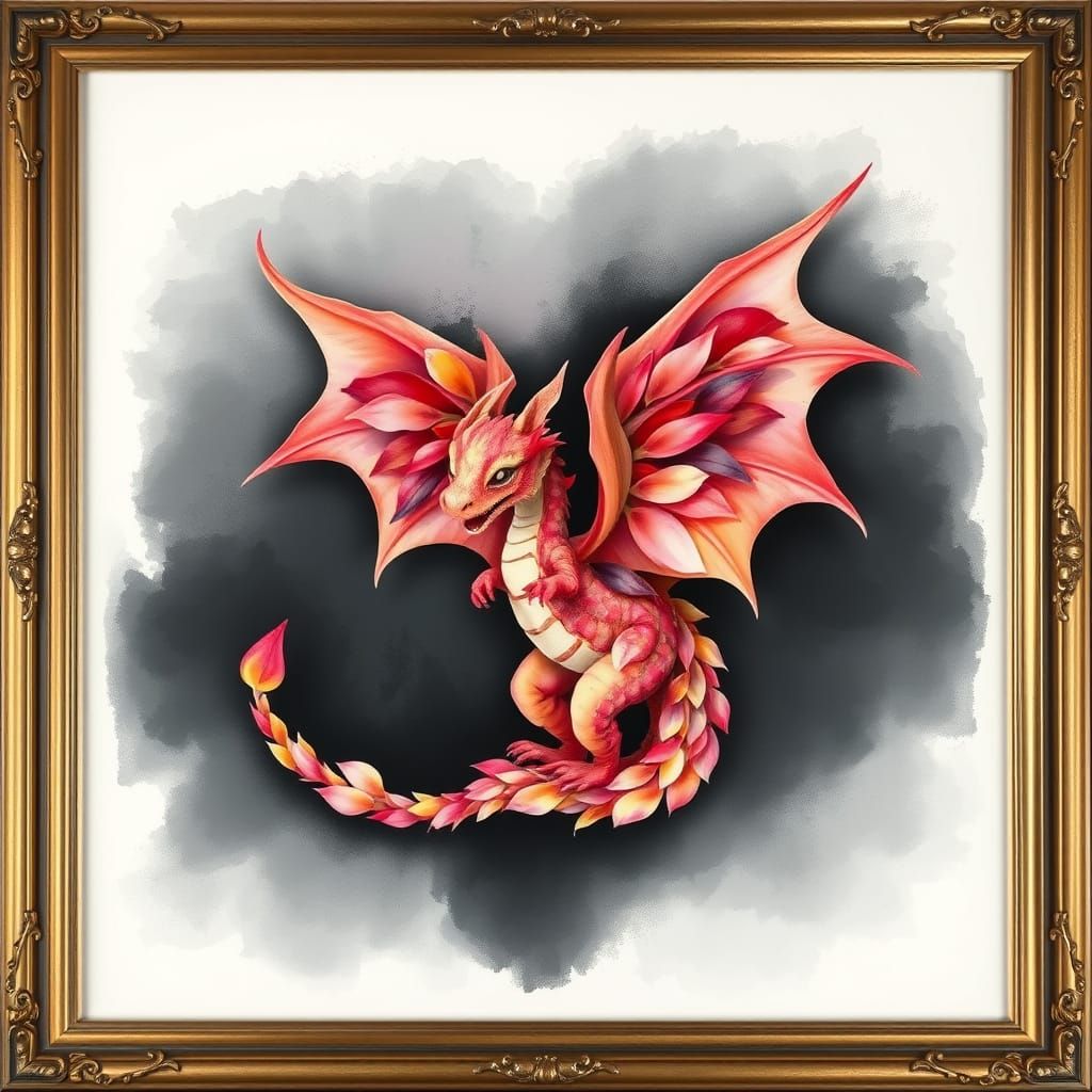 Floral Dragon in Abstract Watercolor Style