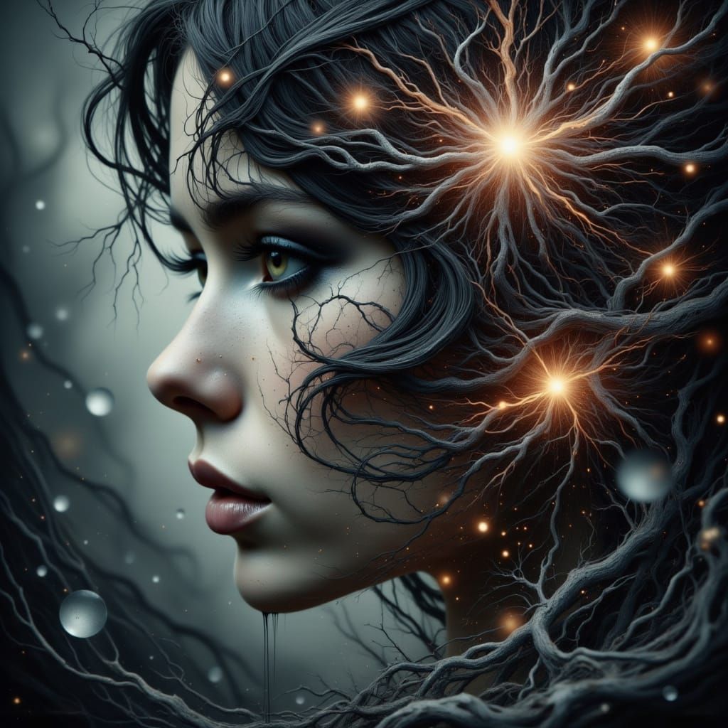 Shattered Woman with Neural Network, Digital Art