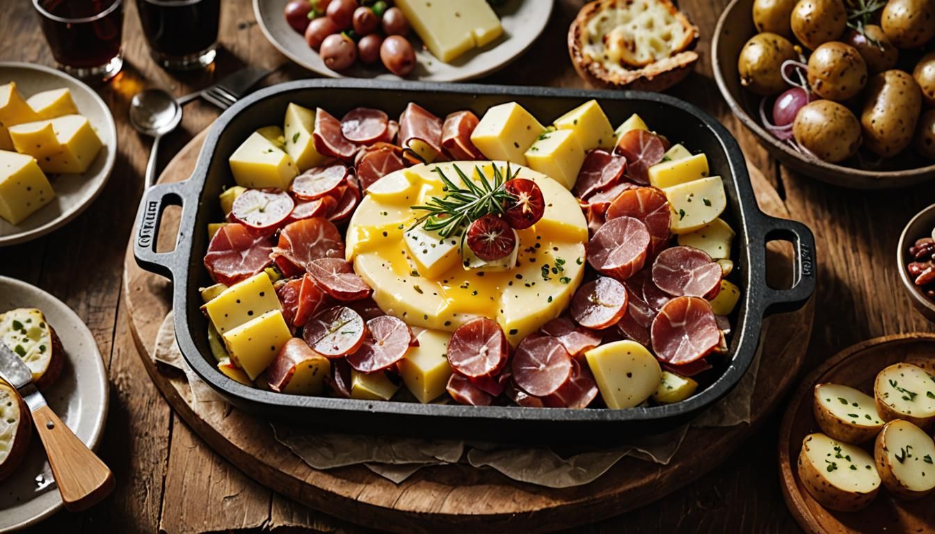 Warm Raclette Cheese and Charcuterie Still Life