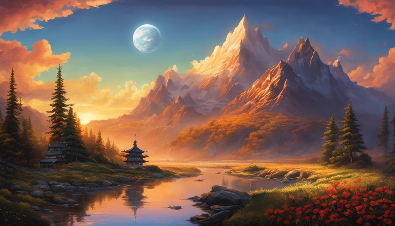 Gorgeous Woman Portrait with Waterfalls in Fantasy Style