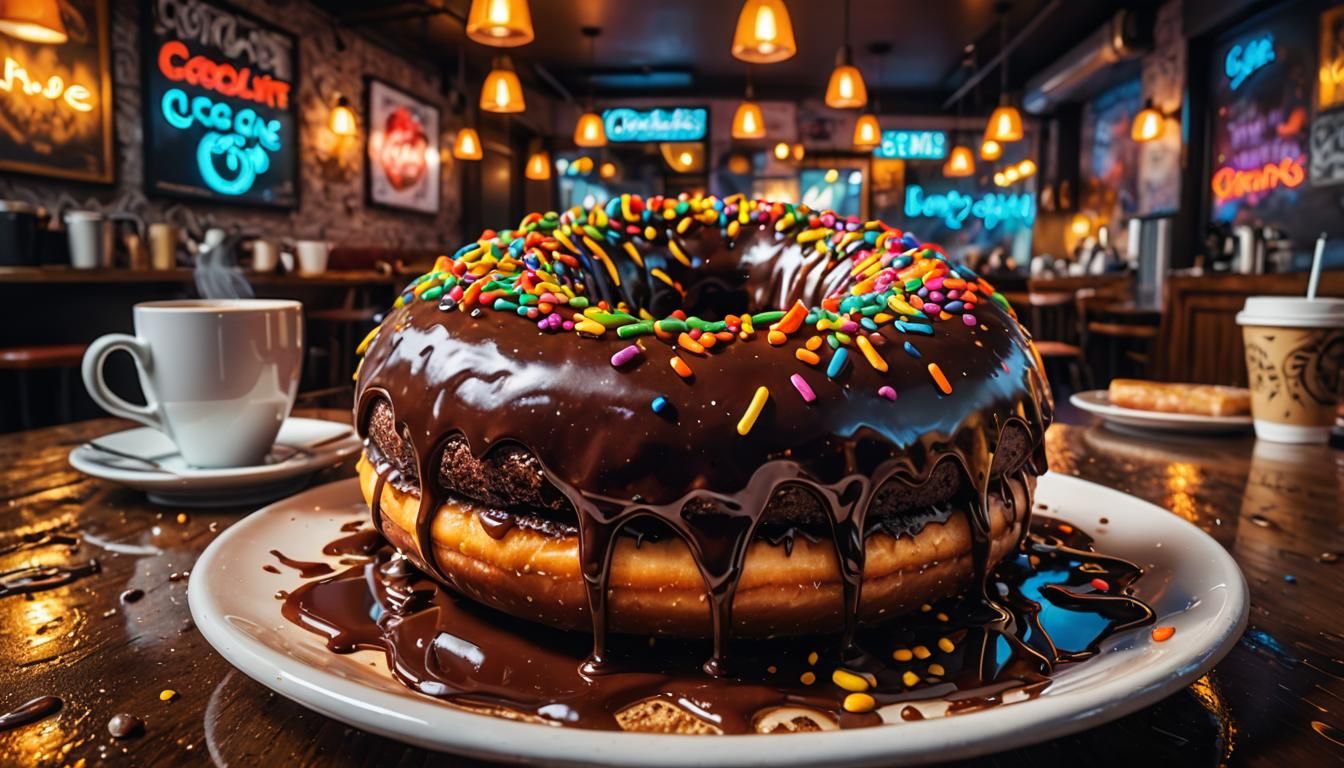 Chocolate Doughnut and Coffee in Neon-Lit Cafe