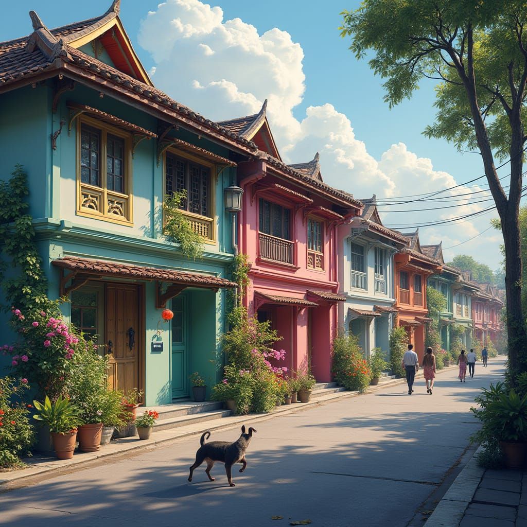 Colorful Peranakan Houses with Lively Street Scene