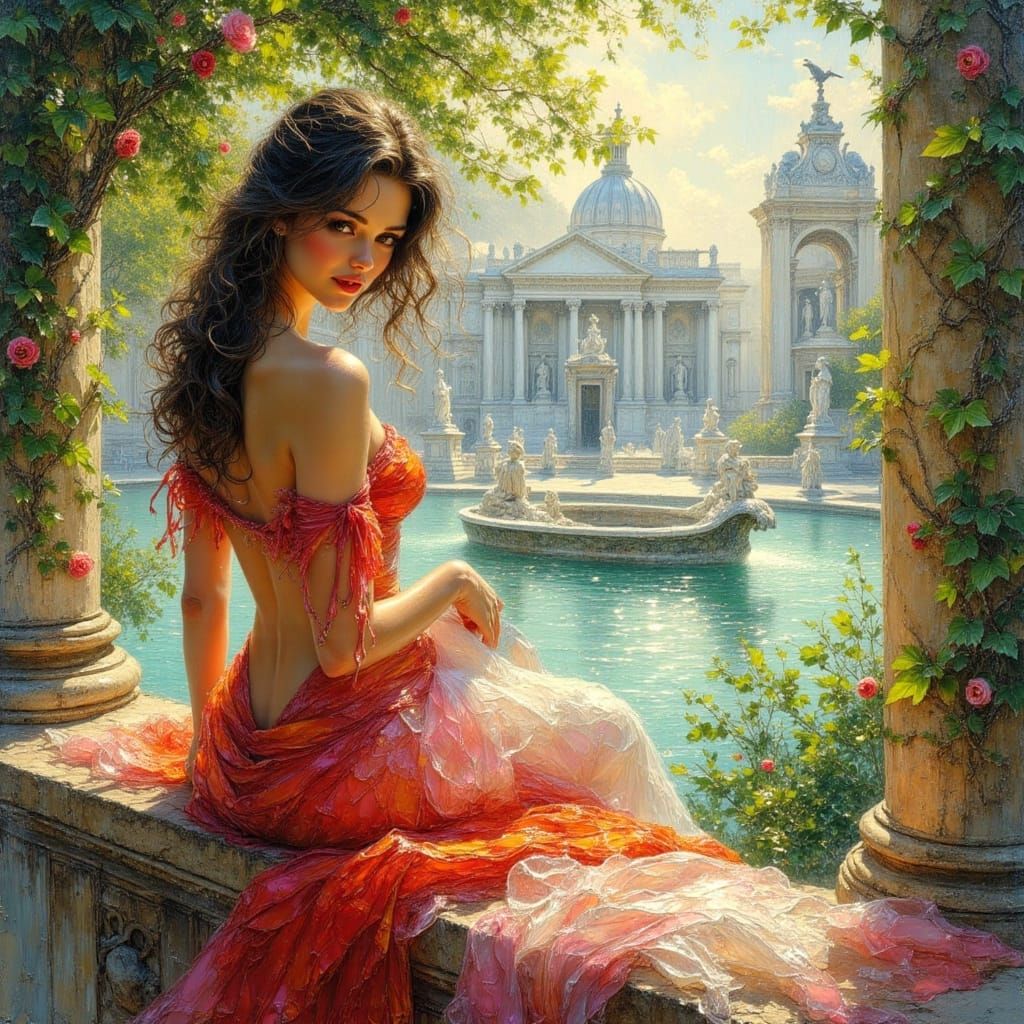 Italian Woman at Piazza Navona in Impasto Oil