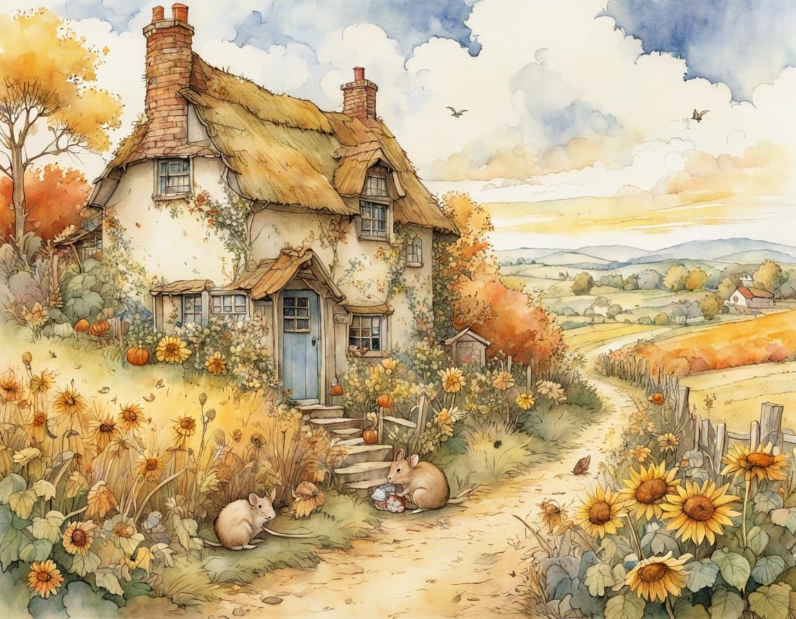 Harvesting Mice in Autumn Countryside Watercolor