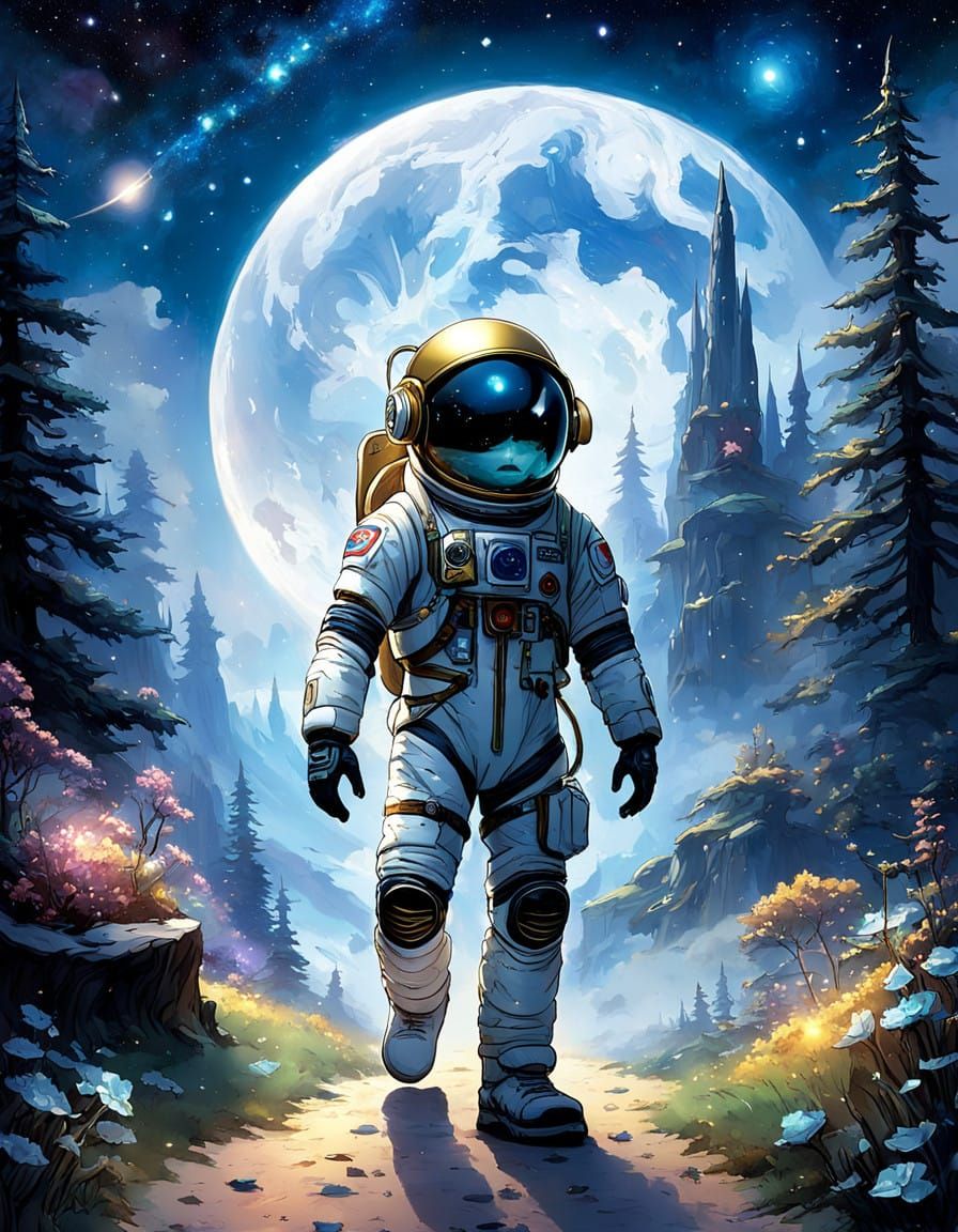 Charming Chibi Space Adventurer in Whimsical Galaxy Landscap...