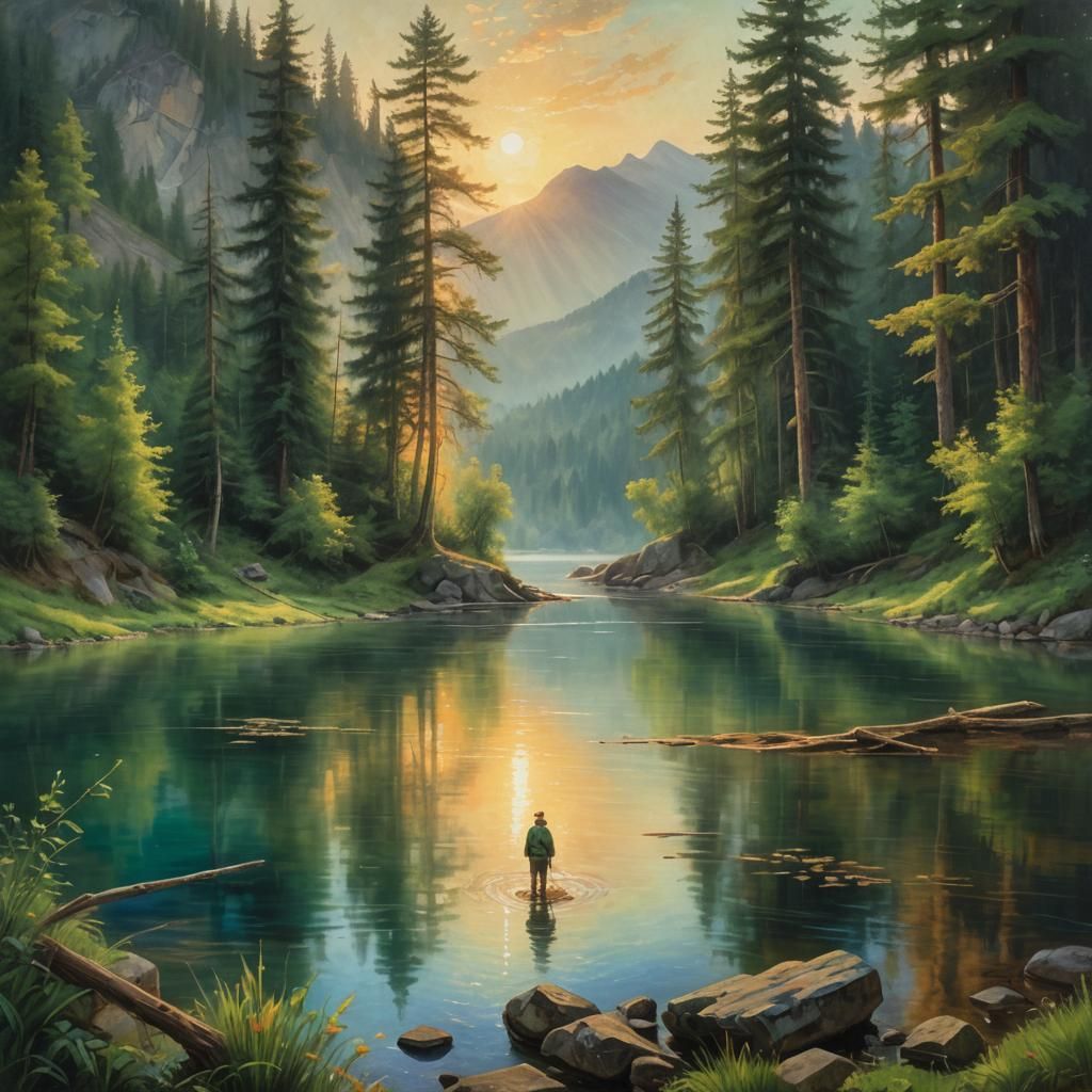 Ethereal Mountain Lake Sunset in Pre-Raphaelite Style