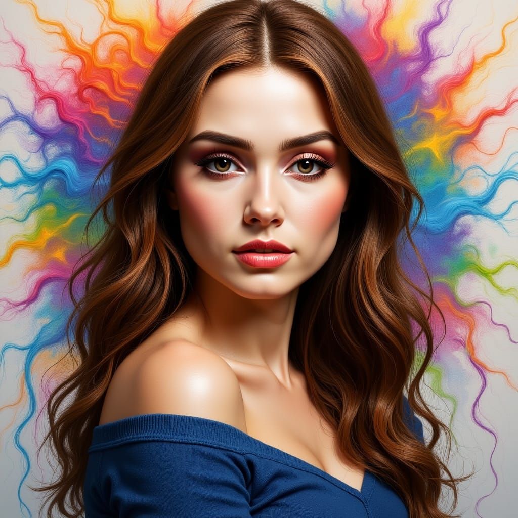 Woman with Brown Hair in Blue Sweater Amidst Paint Splashes