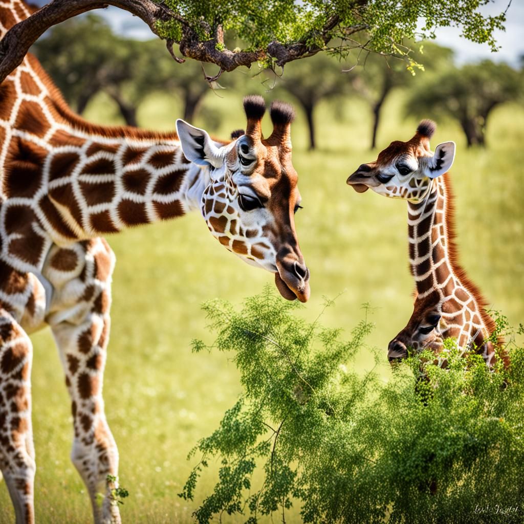 Baby Giraffe Reaching for Leaves with Mother