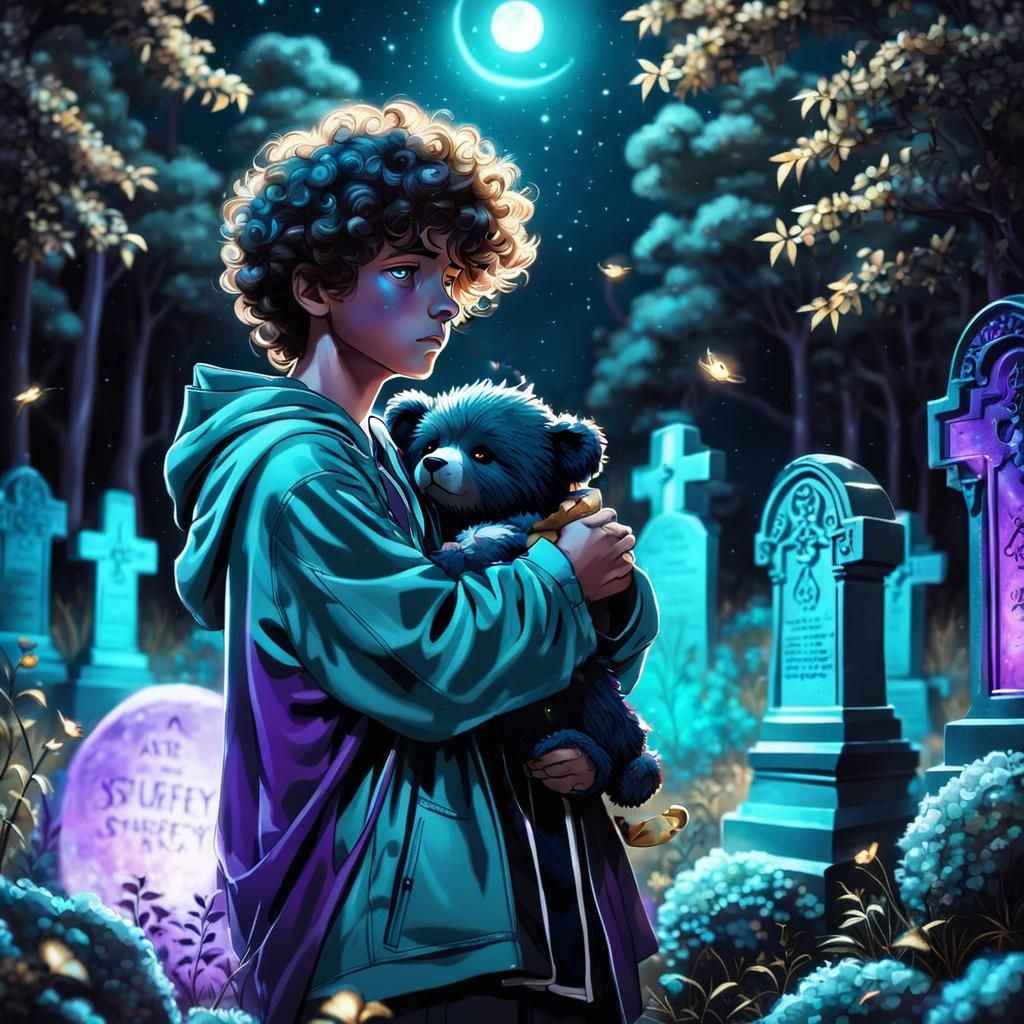 Grieving Boy with Stuffed Bear in Bioluminescent Night