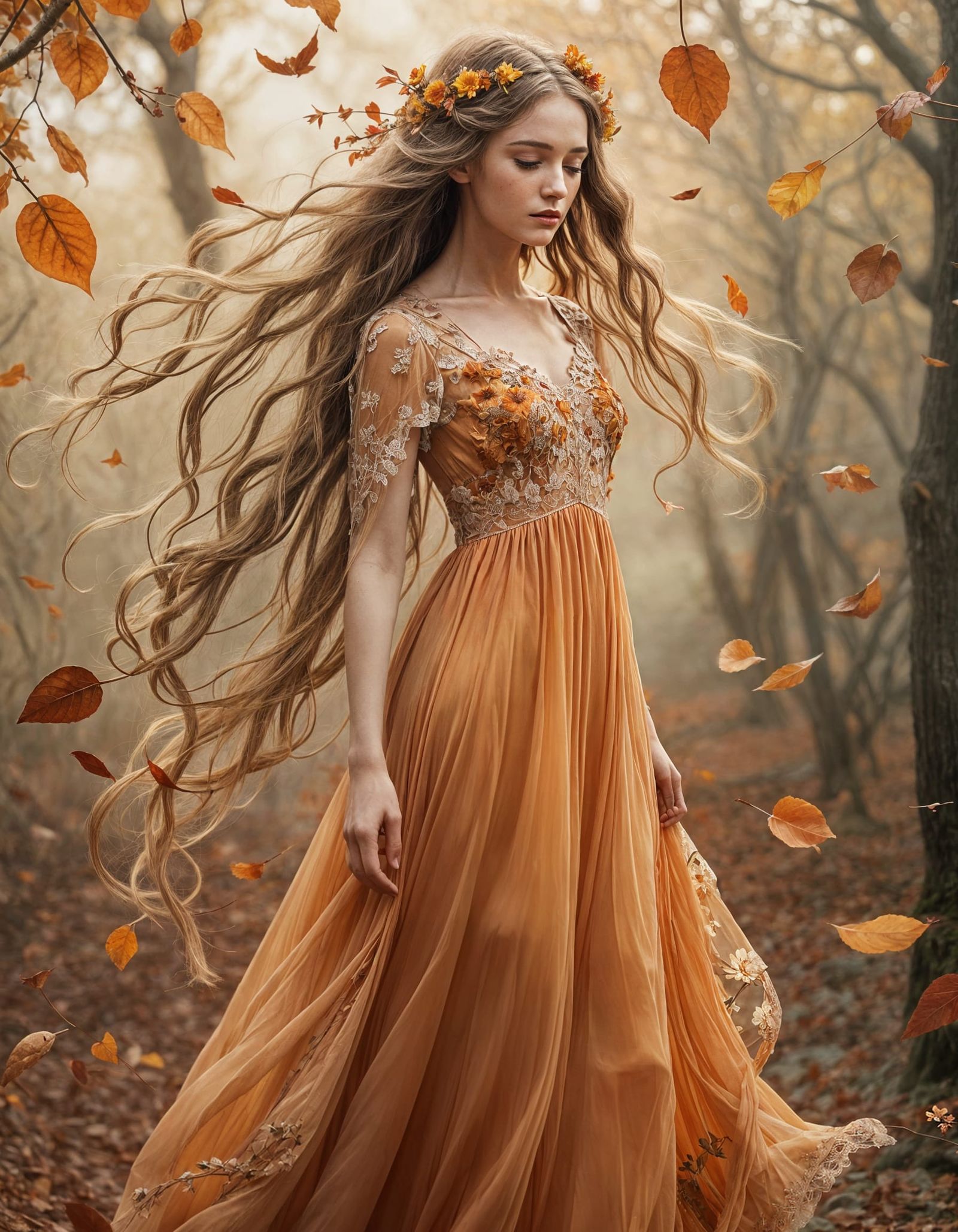 Ethereal Woman in Autumnal Landscape, Fantasy Illustration