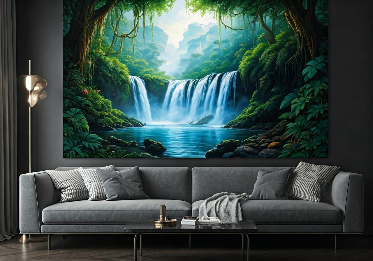 Lounge with Jungle Waterfall Oil Painting
