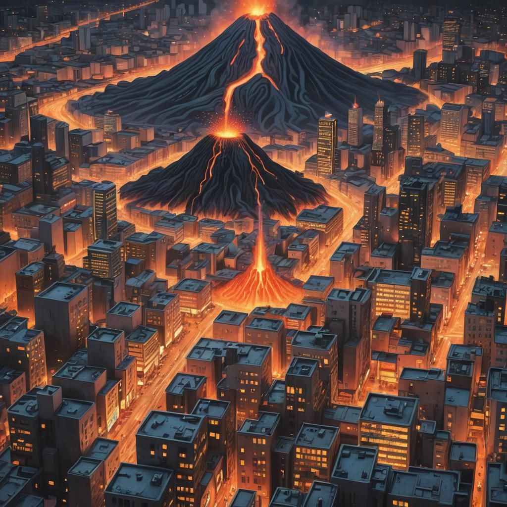 Volcano Eruption Outside Futuristic City in Art Deco Style