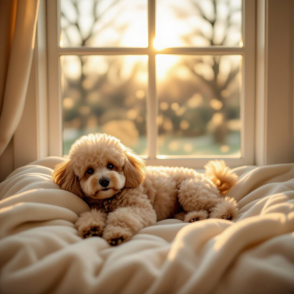 Fluffy Toy Poodle Relaxing in Warm Sunlight