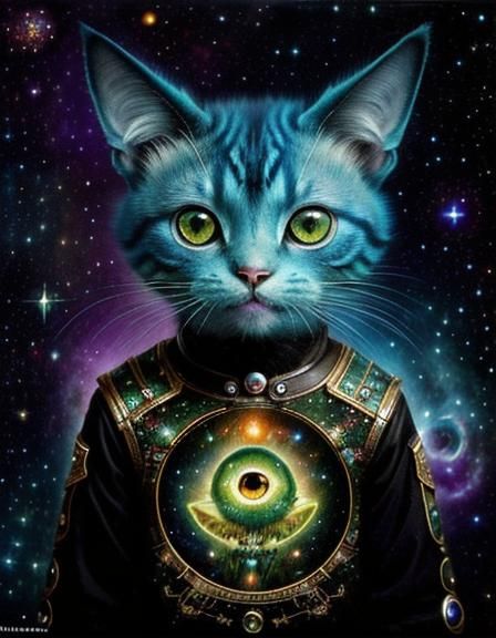 Psychedelic Alien Cat in Starry Galaxy