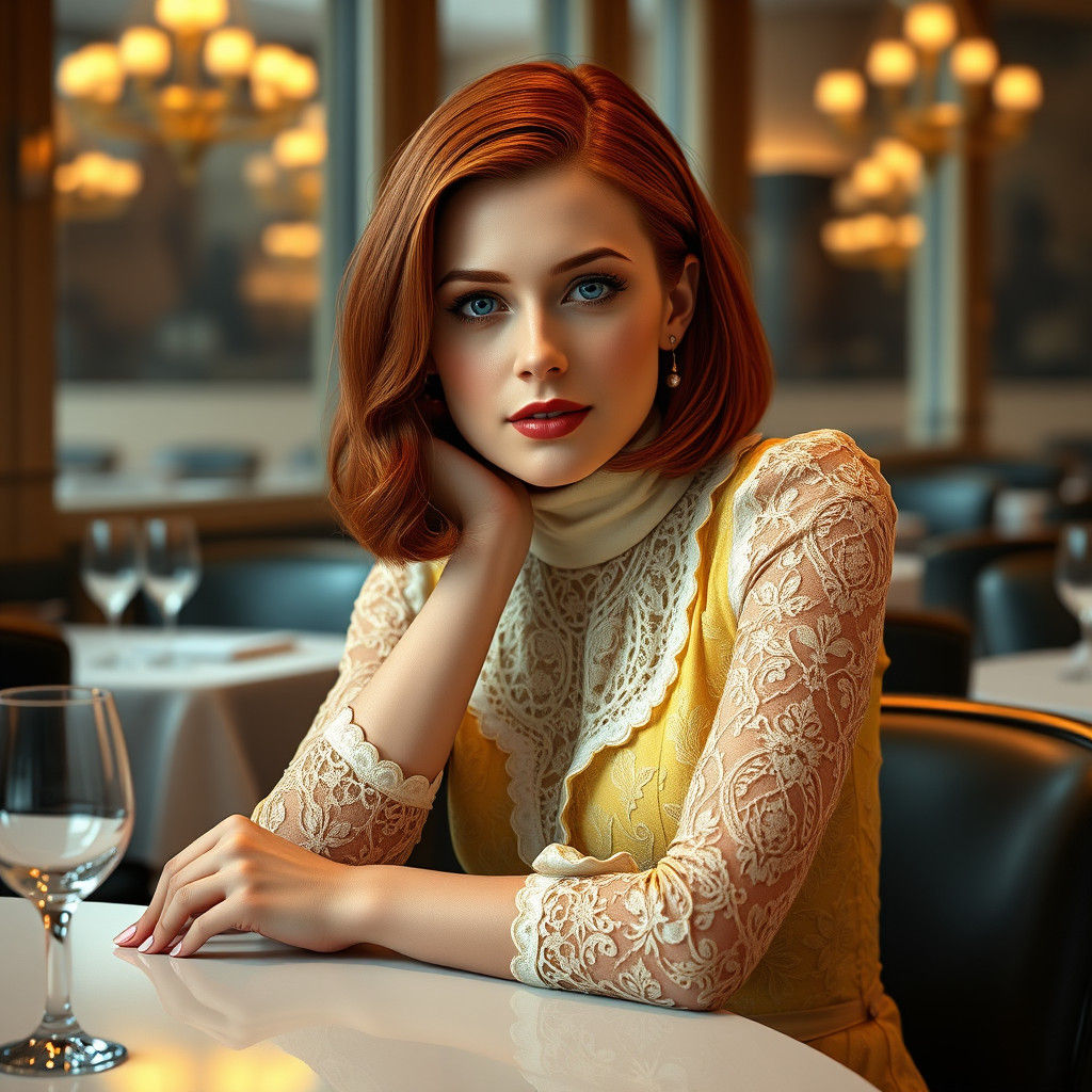 Contemplative Redhead in Yellow Lace Dress, Matte Painting