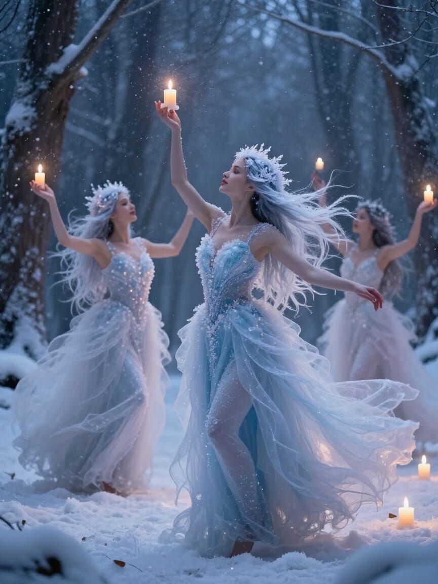 Beautiful Snow Nymphs Dancing in a Winter Forest