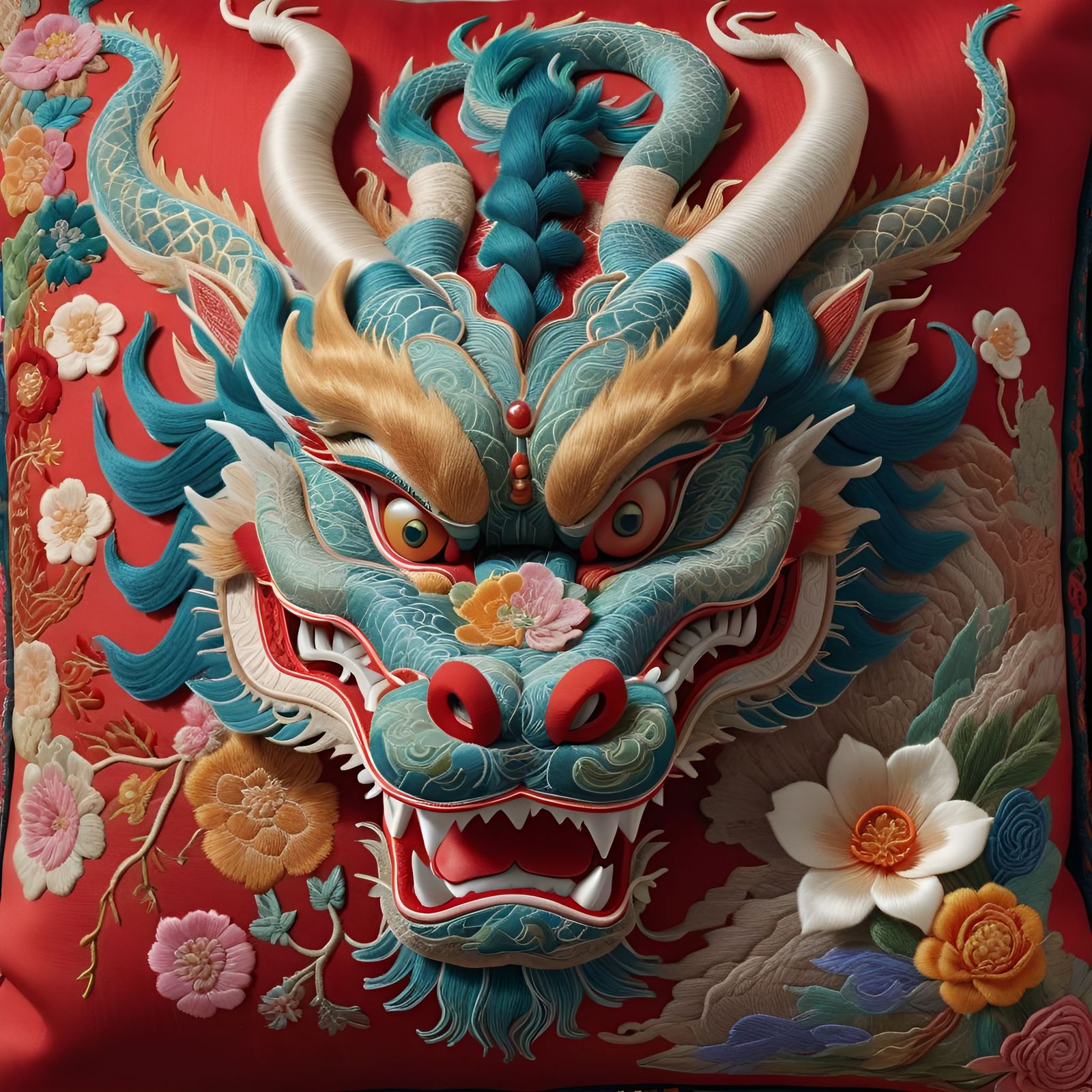 Intricate Embroidered Chinese Dragon Head