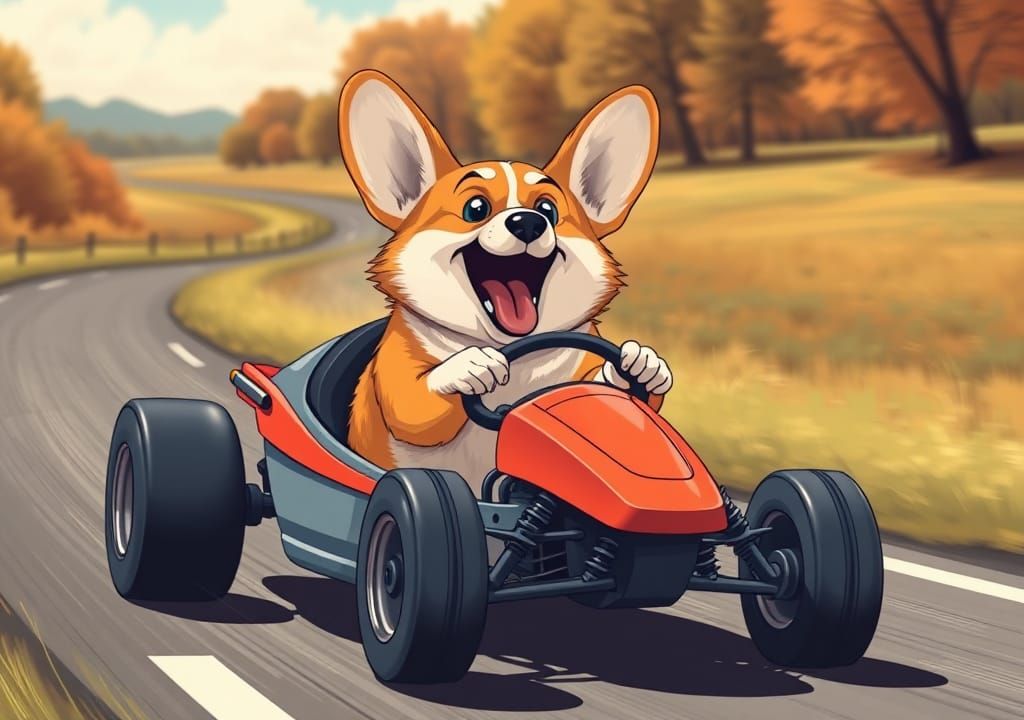 Excited Corgi Races Go-Kart on Country Road