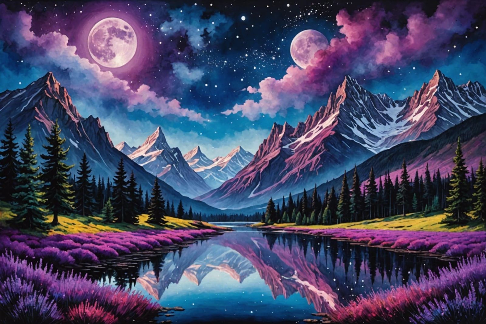 Lavender Field, Mountains, and Moon: Digital Illustration