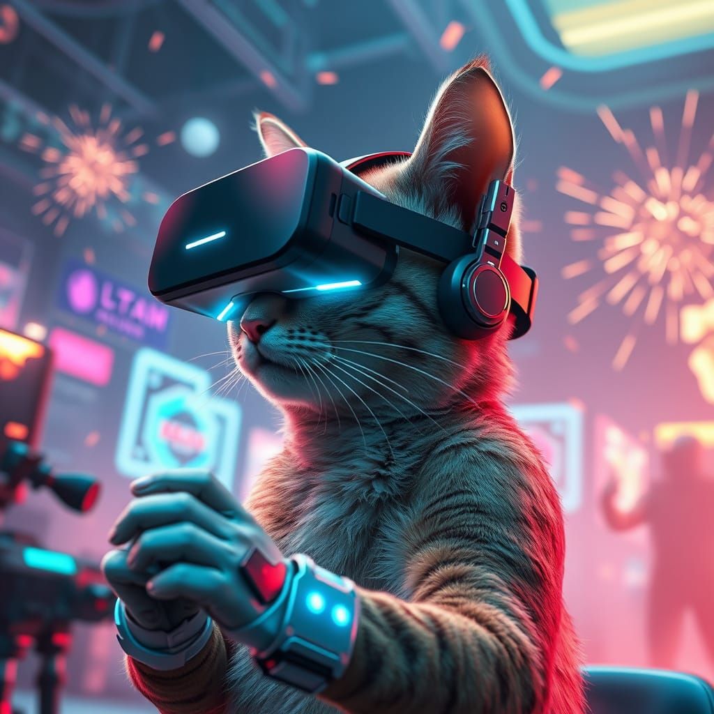 Cat Immersed in Virtual Reality Cyberpunk Game