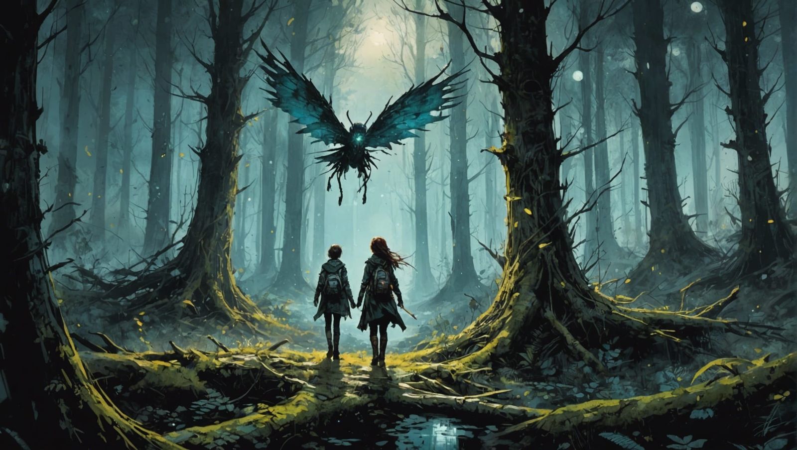 Sparkling Pixies in Dark Eldritch Forest Watercolor