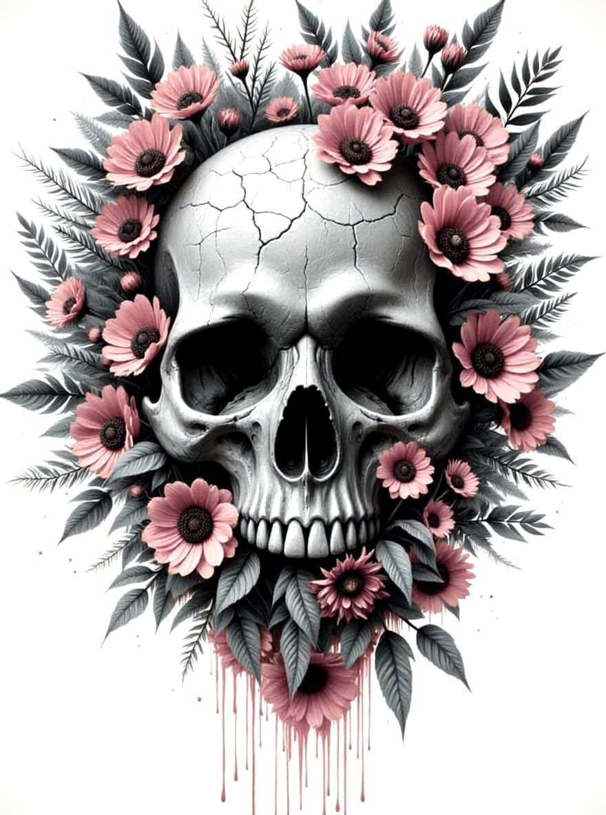 Monolithic Skull with Vibrant Flowers, Detailed Illustration