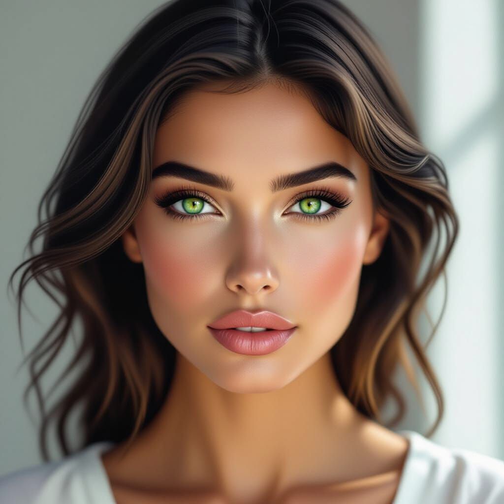 Hyperrealistic Woman with Emerald Eyes in Natural Light