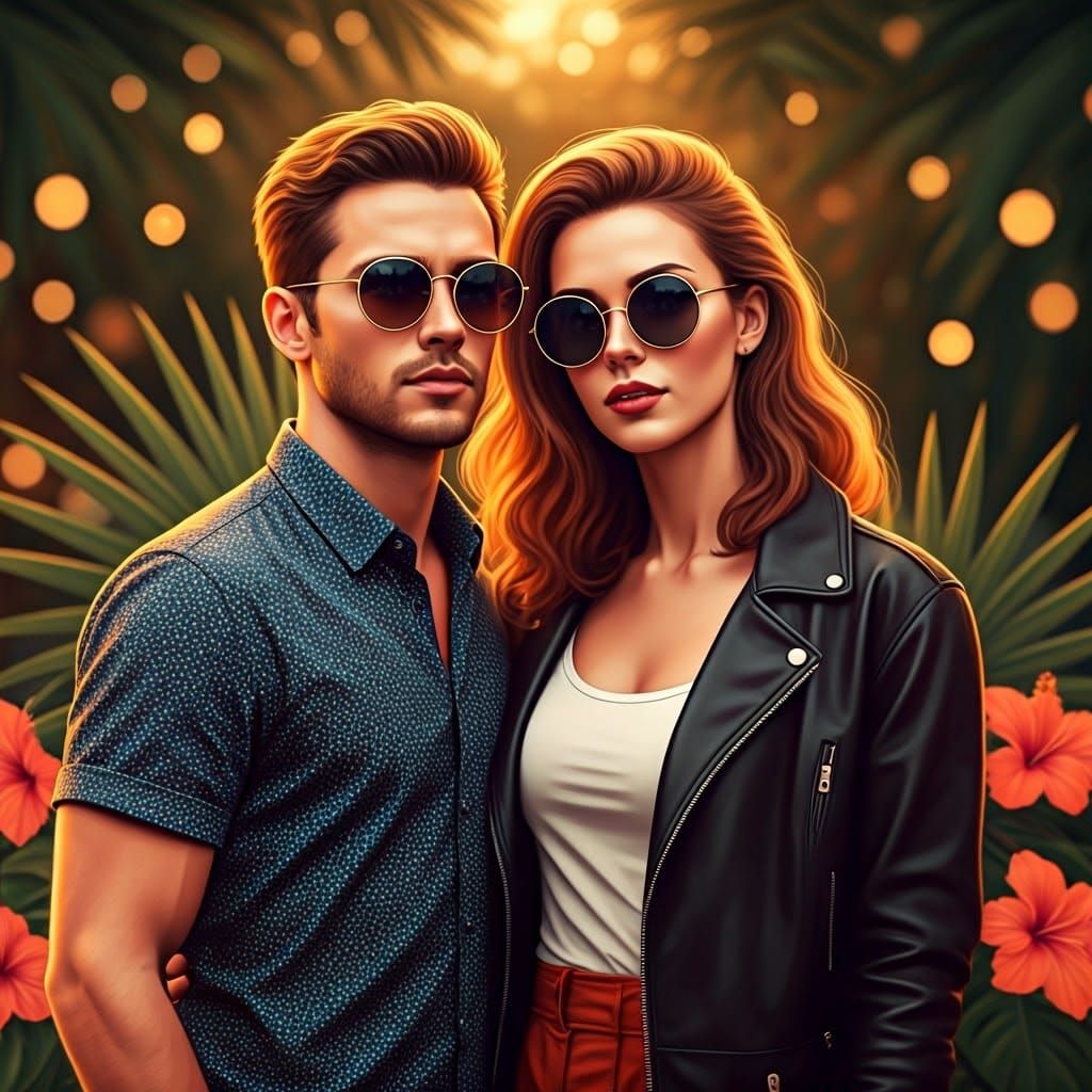 Stylish Couple Embracing in Tropical Sunset