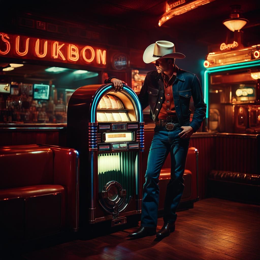 Cowboy at Jukebox in Vintage Film Noir Style