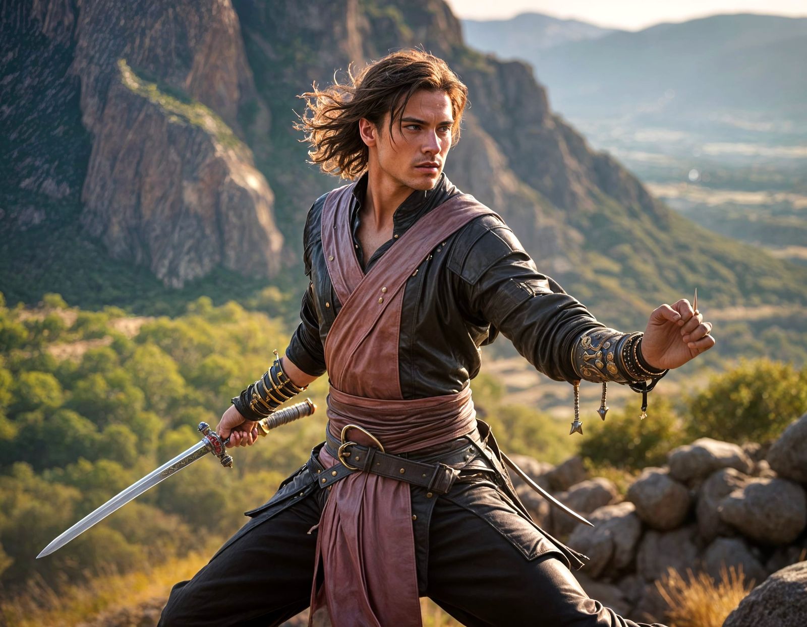 Dashing Swordfighter in Vibrant Leather, Surrounded by Majes...