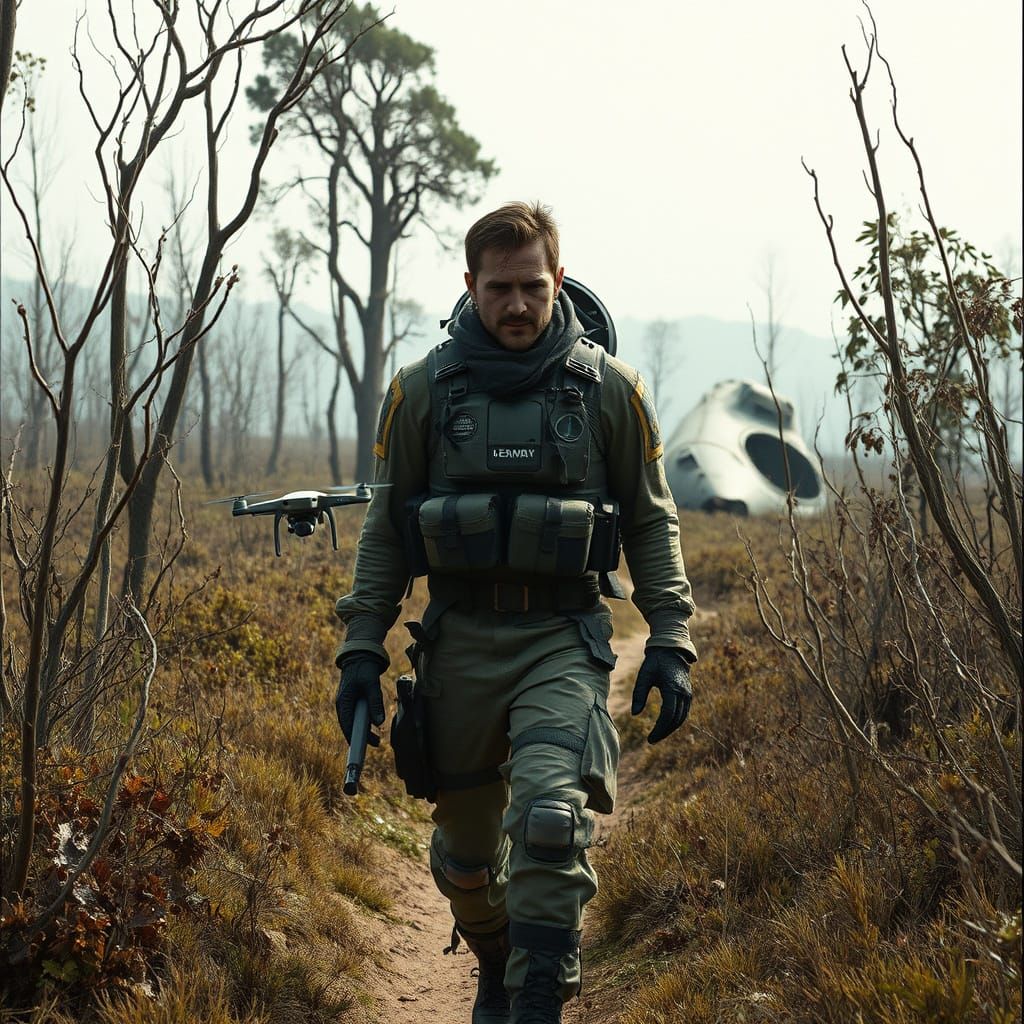 Stranded Ex-Soldier in Post-Apocalyptic Alien Landscape