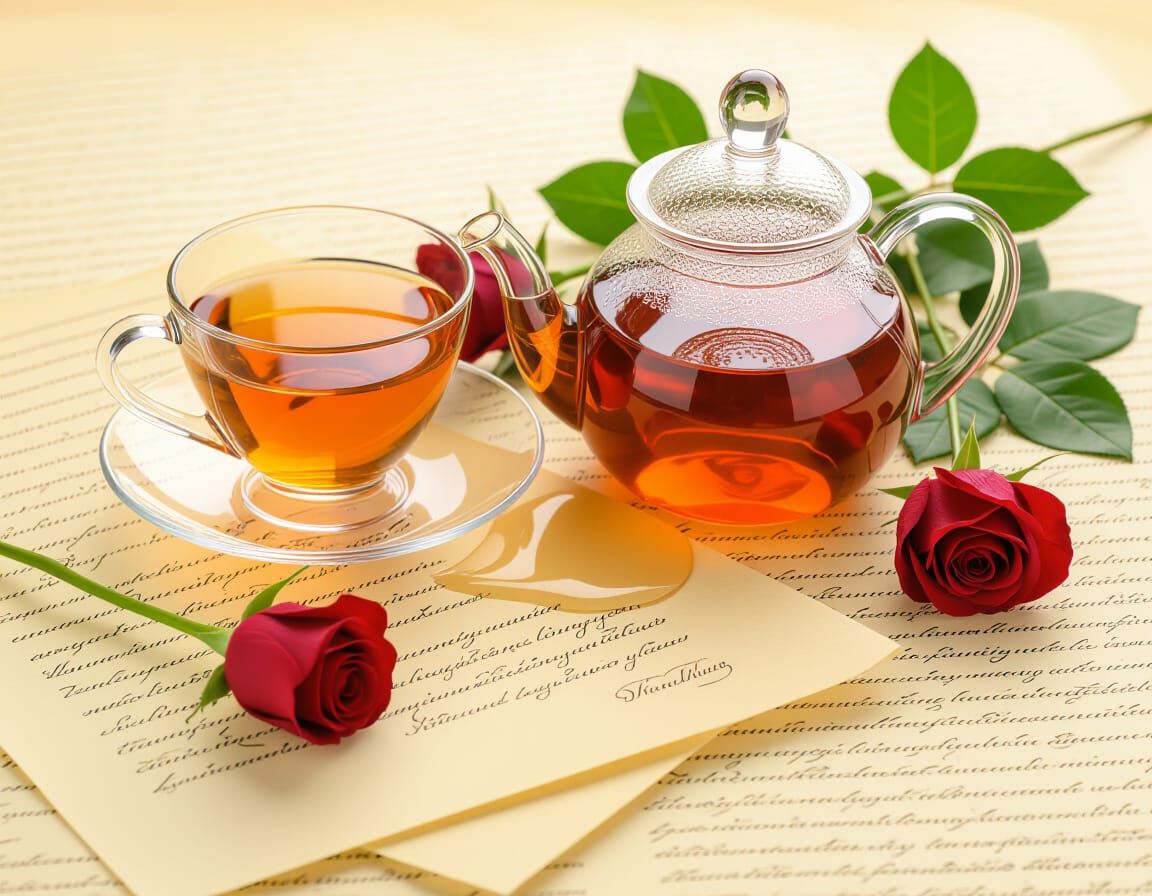 Spilled Tea on Parchment with Roses