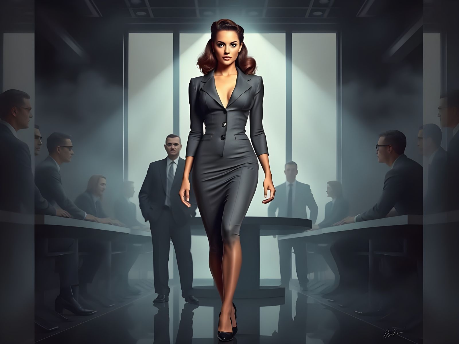 Sultry Businesswoman Exudes Confidence in Smoky Office