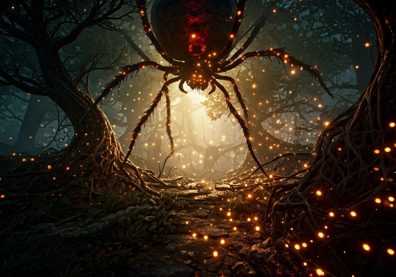 Enchanted Forest of Spider Webs with Lurking Giant Spider
