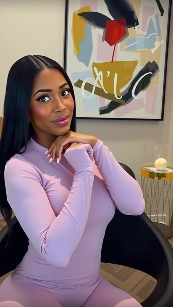 Confident Black Woman in Pink Bodysuit, Digital Painting