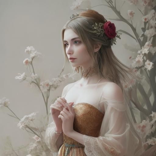 Woman with Rose in Misty Forest, Soft Oil Painting