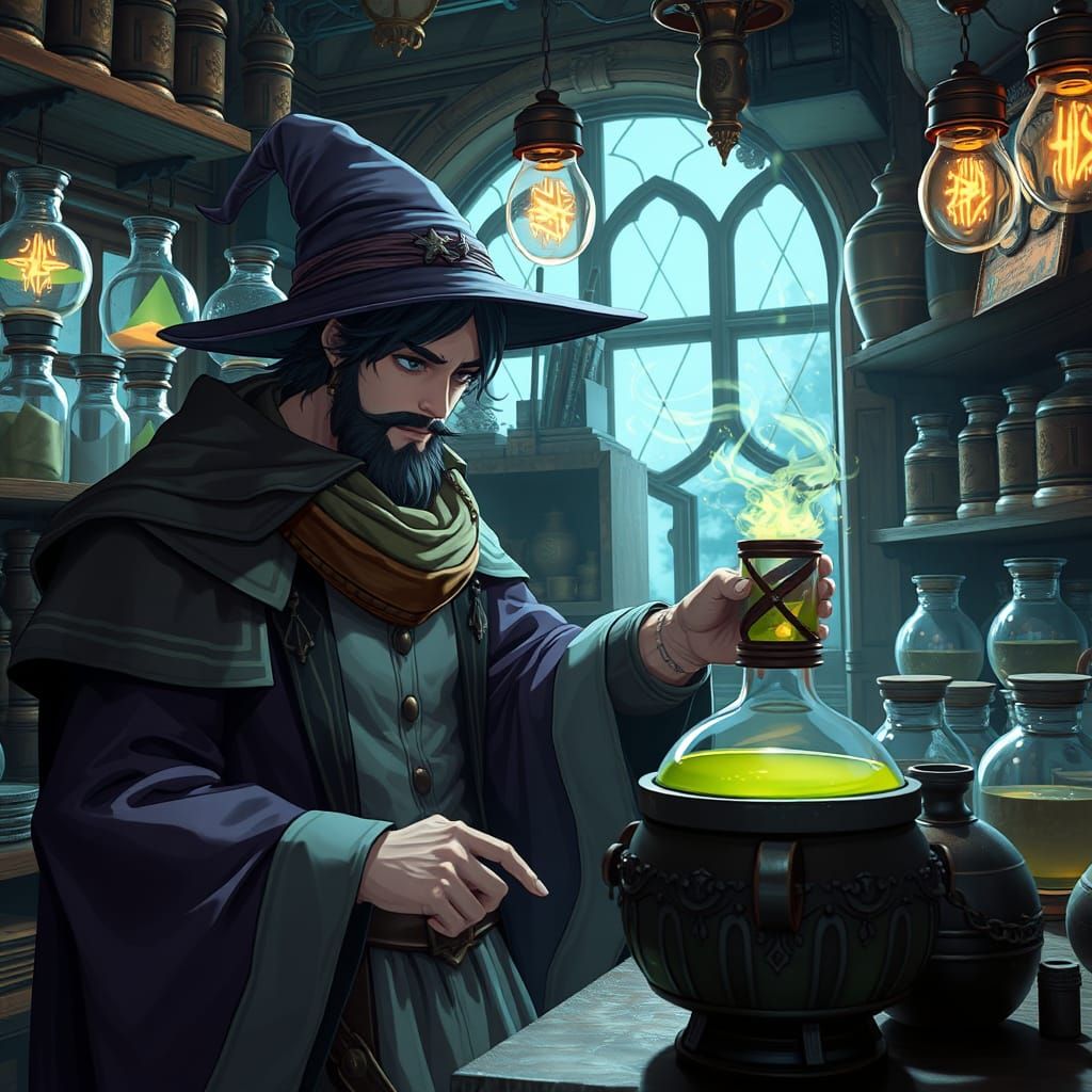 Elegant Mage Crafts Ultrafine Potion in Anime Style