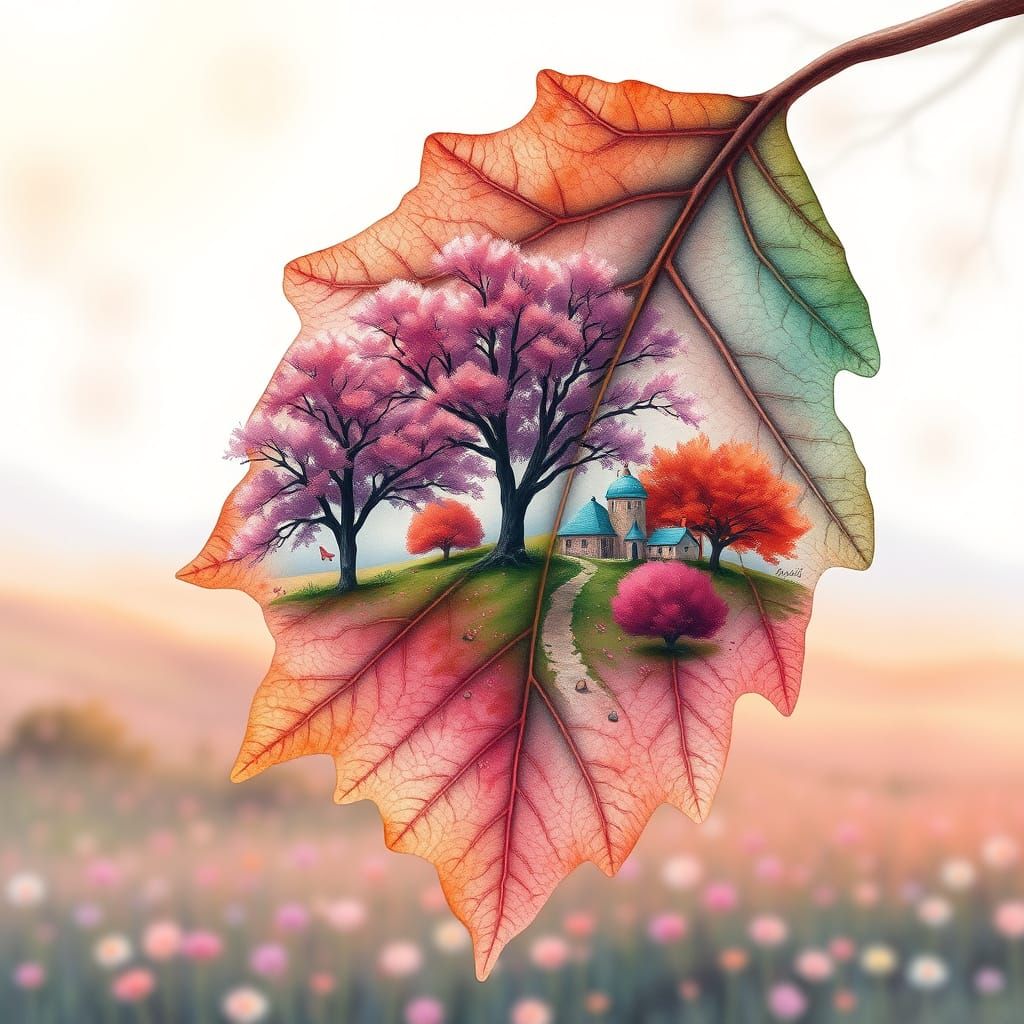 Watercolor Leaf Reveals a Spring Landscape