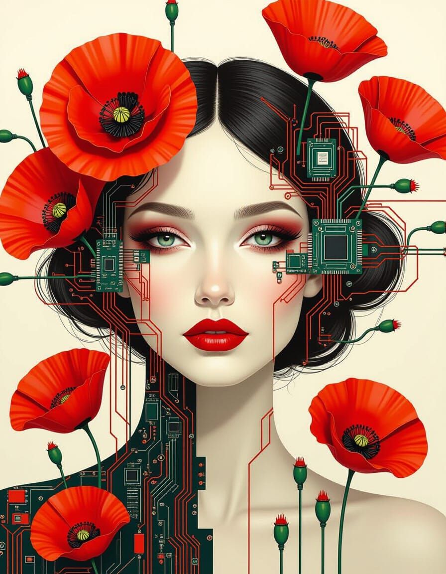 Woman in Circuit Board Poppy Field, Max Ernst Style